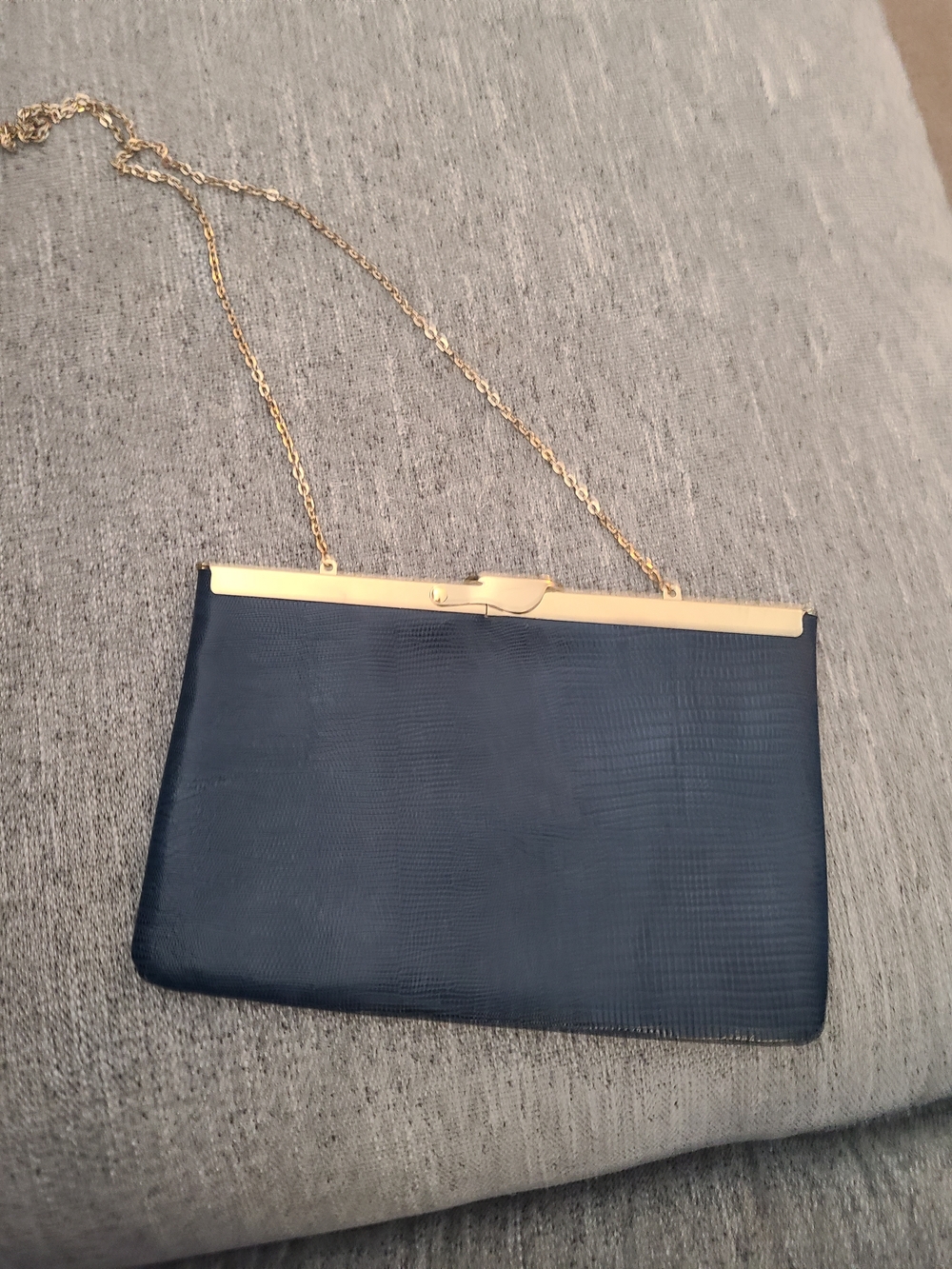 Etra Vintage 60s/70s Navy Evening Clutch Gold Chain Pristine Reptile Leather